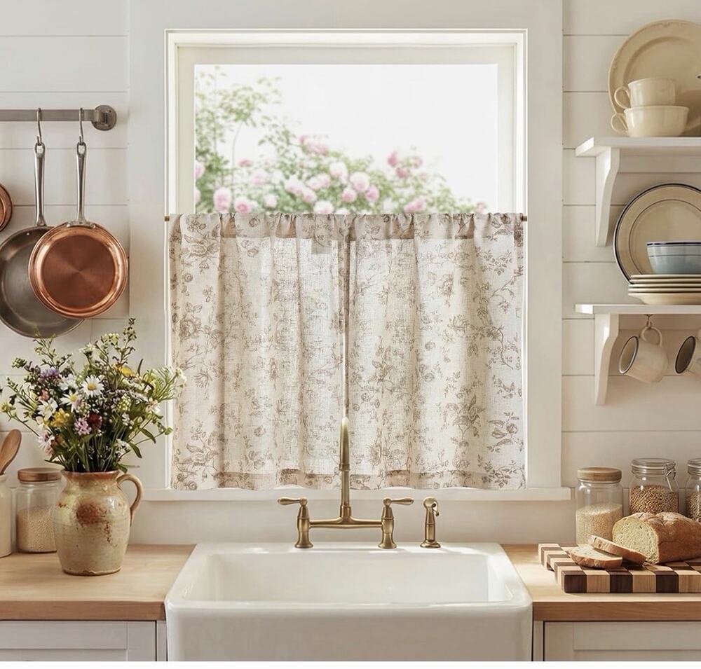 Amlie Floral Kitchen Curtains 30 Inch Length Linen Cafe Curtains Taupe 2 Panel